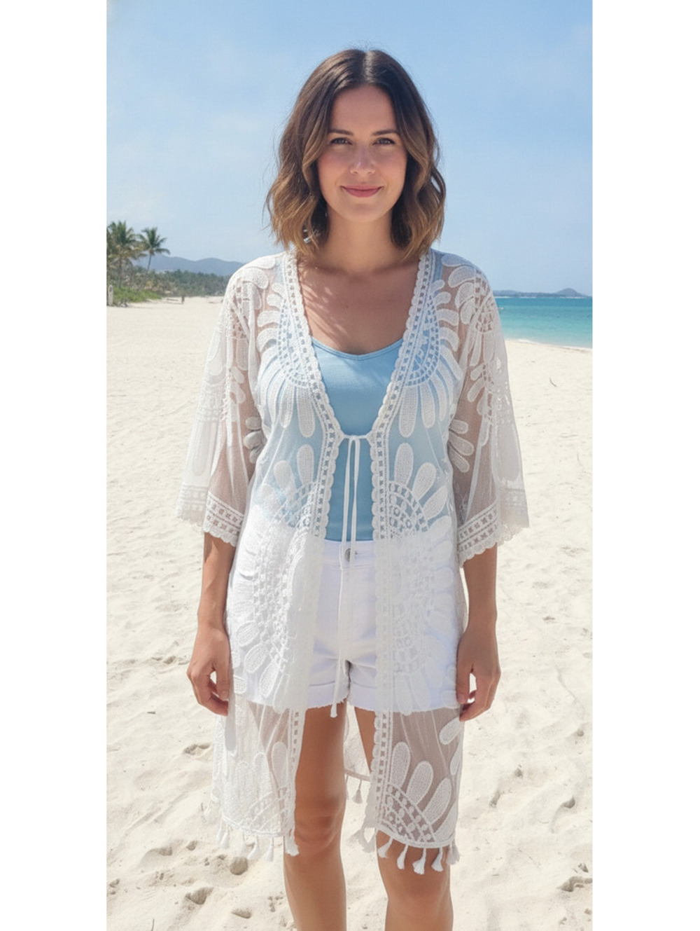 Everleigh White Lace Crochet Kimono Cover Up Tassel Fringe Boho Beach M.